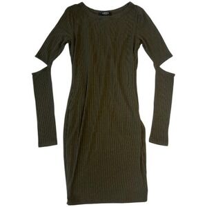 Solemio Olive Ribbed Knit Bodycon Dress Small Elbow Cutout